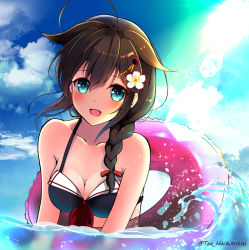 Rule 34 | 1girl, :d, ahoge, alternate costume, amagami (makise tsubaki), bikini, blue eyes, blue sky, blush, braid, breasts, brown hair, cleavage, cloud, collarbone, commentary, day, flower, hair between eyes, hair flaps, hair flower, hair ornament, hair over shoulder, innertube, kantai collection, long hair, looking at viewer, medium breasts, open mouth, outdoors, partially submerged, partially underwater shot, revision, ribbon, shigure (kancolle), shigure kai ni (kancolle), sidelocks, single braid, sky, smile, solo, sunlight, swim ring, swimsuit, twitter username, underwater, upper body