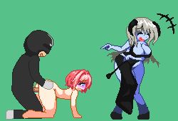 Rule 34 | 1boy, 2girls, animated, animated gif, ass, black dress, blue eyes, blue skin, bodysuit, breasts, cleavage, colored skin, doggystyle, dress, flat chest, from side, hetero, horns, laughing, long hair, looping animation, mask, medium hair, multiple girls, nude, original, penis, pink hair, pixel art, pointing, q20000181, rape, riding crop, sex, sex from behind, silver hair, ugoira, uncensored, vaginal