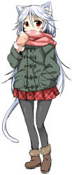 Rule 34 | 1girl, animal ears, cat ears, cat tail, dodome-iro mayonnaise, gloves, original, pantyhose, red eyes, scarf, solo, tail, white hair