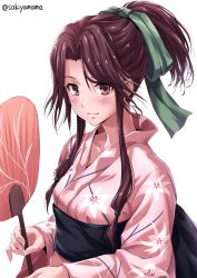 Rule 34 | 10s, 1girl, alternate costume, breasts, brown eyes, brown hair, closed mouth, collarbone, commentary request, eyebrows, fingernails, floral print, hair intakes, hand fan, japanese clothes, jintsuu (kancolle), kantai collection, kimono, long hair, looking at viewer, medium breasts, obi, paper fan, parted bangs, pink kimono, ponytail, sakiyamama, sash, simple background, smile, solo, twitter username, white background, yukata