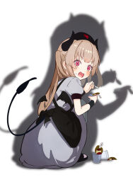 Rule 34 | 1girl, apron, black apron, blush, brown hair, caught, commentary request, cup, demon horns, demon tail, dress, empty eyes, food, from behind, full body, grey dress, hat, holding, holding cup, holding spoon, horns, long hair, looking back, low wings, mini wings, natori sana, nurse cap, open mouth, pudding, puffy short sleeves, puffy sleeves, red eyes, sana channel, sandals, shadow, short dress, short sleeves, shuuha arutsu, simple background, solo, spoon, squatting, tail, two side up, v-shaped eyebrows, virtual youtuber, white background, wide-eyed, wings