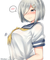 Rule 34 | 1girl, absurdres, blue eyes, blush, breasts, closed mouth, hair ornament, hair over one eye, hairclip, hamakaze (kancolle), highres, kantai collection, kiritto, large breasts, lips, nose blush, school uniform, serafuku, short hair, short sleeves, silver hair, simple background, solo, spoken blush, upper body, white background