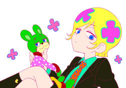Rule 34 | 00s, 1boy, androgynous, bear, blonde hair, blue eyes, child, closed mouth, collared shirt, eyelashes, flat color, irabu ichirou, jacket, kuuchuu buranko, crossed legs, looking at viewer, male focus, multicolored hair, necktie, pink hair, polka dot, shorts, simple background, sitting, solo, togetsuhou, white background