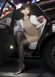 Rule 34 | 1girl, :d, bad id, bad twitter id, black pantyhose, blurry, blurry background, blush, breasts, brown dress, brown eyes, brown hair, car, car interior, city lights, dress, earrings, grey footwear, high heels, highres, jacket, jacket on shoulders, jewelry, medium breasts, motor vehicle, necklace, night, open mouth, original, pantyhose, smile, solo, sports utility vehicle, white jacket, yomu (sgt epper)