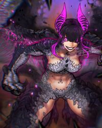 Rule 34 | ayaki blade, claws, crossover, gore magala, grin, hair over one eye, han juri, highres, impossible hair, jumping, logo, monster hunter (series), parody, scales, smile, street fighter, wings