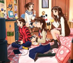 Rule 34 | 4girls, argyle, argyle clothes, argyle sweater, bed, bedroom, brown hair, chair, coffee, computer, controller, crt, desk, food, game console, game controller, glasses, gozenta, hood, hooded jacket, indoors, jacket, computer keyboard, laptop, multiple girls, original, panda, pantyhose, playing games, playstation 2, pocky, product placement, raglan sleeves, room, rug, socks, striped clothes, striped legwear, striped socks, stuffed animal, stuffed toy, sweater, video game