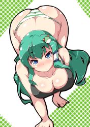 Rule 34 | 1girl, all fours, ass, bad id, bad pixiv id, bare shoulders, blue eyes, breasts, cleavage, female focus, green hair, kochiya sanae, large breasts, long hair, looking at viewer, moisture (chichi), panties, plump, skindentation, solo, striped clothes, striped panties, thighs, touhou, underwear, wide hips