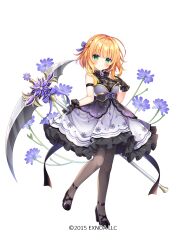 Rule 34 | 1girl, armlet, black bow, black footwear, black gloves, blonde hair, blush, bow, braid, breasts, brooch, chicory (flower), chicory (flower knight girl), closed mouth, dot nose, dress, flower knight girl, full body, gloves, green eyes, grey pantyhose, hair bow, hair intakes, highres, holding, holding scythe, jewelry, looking at viewer, medium breasts, name connection, object namesake, official art, pantyhose, purple bow, purple dress, scythe, shoes, short hair, simple background, smile, solo, standing, standing on one leg, umeko machi, white background