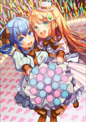 Rule 34 | 2girls, :d, ahoge, amiami (company), amico, blue eyes, blue hair, blush, bouquet, bow, bowtie, candy, dress, drill hair, dutch angle, flower, food, glowstick, green eyes, hair ornament, hair ribbon, hat, highres, holding, holding bouquet, hug, idol, leg up, lilco, lollipop, long hair, looking at viewer, mini hat, multiple girls, official art, open mouth, orange hair, pantyhose, polka dot, puffy short sleeves, puffy sleeves, ribbon, round teeth, short sleeves, smile, stage, striped clothes, striped dress, striped headwear, teeth, twin drills, twintails, two side up, vertical-striped clothes, vertical-striped dress, yumekui