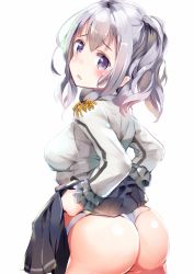 Rule 34 | 10s, 1girl, ass, black skirt, epaulettes, hair between eyes, henet hene, jacket, kantai collection, kashima (kancolle), long sleeves, military, military uniform, open mouth, panties, pleated skirt, purple eyes, short hair, silver hair, simple background, skirt, solo, two side up, underwear, uniform, white background, white jacket, white panties