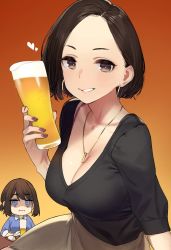 Rule 34 | 2girls, 92m, :i, alcohol, beer, beer mug, black shirt, blue eyes, blush, breasts, brown eyes, brown hair, chibi, chibi inset, cleavage, collarbone, cup, douki-chan (douki-chan), earrings, fingernails, ganbare douki-chan, gradient background, heart, highres, holding, holding cup, hoop earrings, jewelry, large breasts, long fingernails, looking at viewer, low neckline, mug, multiple girls, nail polish, necklace, orange background, pantyhose, parted lips, purple nails, senpai-san (douki-chan), shirt, short hair, short sleeves, sitting, smile