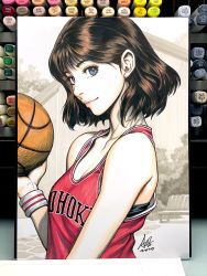 Rule 34 | 1girl, akagi haruko, art tools in frame, ball, basketball, basketball (object), basketball uniform, bench, black bra, blue eyes, bra, breasts, brown hair, building, cleavage, closed mouth, commentary, dated, day, english commentary, eyelashes, highres, lips, looking at viewer, medium breasts, outdoors, photo (medium), plant, red tank top, short hair, signature, slam dunk (series), sleeveless, smile, solo, sports bra, sportswear, stanley lau, sweatband, tank top, traditional media, tree, underwear, upper body, wristband