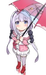 Rule 34 | 10s, 1girl, bad id, bad twitter id, beads, blue eyes, blush, boots, expressionless, from above, full body, hair beads, hair between eyes, hair ornament, hair ribbon, highres, holding, holding umbrella, kanna kamui, kobayashi-san chi no maidragon, long hair, looking at viewer, looking up, low twintails, red footwear, red umbrella, ribbon, rubber boots, silver hair, simple background, sketch, slit pupils, snail, solo, standing, superpig, superpig (wlstjqdla), thighhighs, transparent, transparent umbrella, twintails, twitter username, umbrella, white background, white thighhighs