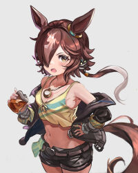 Rule 34 | 1girl, absurdres, animal ears, black jacket, black shorts, blush, breasts, commentary request, cowboy shot, crop top, ear ornament, flask, hair ornament, hair over one eye, hand on own hip, highres, holding, holding flask, horse ears, horse girl, horse tail, jacket, jacket partially removed, jewelry, long hair, magett, midriff, multicolored hair, navel, necklace, open clothes, open jacket, open mouth, short shorts, shorts, simple background, small breasts, solo, stopwatch, stopwatch around neck, streaked hair, tail, tank top, umamusume, vodka (umamusume), watch, white background, white hair, yellow eyes, yellow tank top