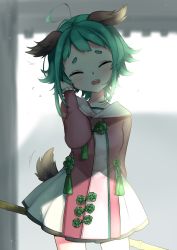 Rule 34 | 1girl, ^ ^, ahoge, animal ears, bamboo broom, blurry, blurry background, blush, breasts, broom, closed eyes, commentary request, cowboy shot, dress, closed eyes, facing viewer, flying sweatdrops, green hair, hand in own hair, hand up, head tilt, highres, holding, holding broom, kasodani kyouko, long sleeves, namauni, open mouth, pink dress, puffy sleeves, short dress, short hair, small breasts, smile, solo, standing, tail, thick eyebrows, touhou