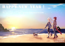 Rule 34 | 2girls, animal ears, beach, black legwear, boots, brown hair, cat ears, cat tail, closed eyes, dated, day, dog, pet walking, facial mark, final fantasy, final fantasy xiv, happy new year, leash, letterboxed, lili mdoki, long hair, looking at another, miqo&#039;te, multiple girls, new year, ocean, open mouth, scarf, short hair, shorts, sky, sunset, tail, walking, white hair