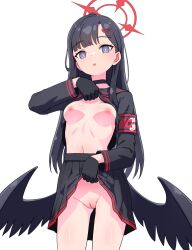 Rule 34 | 1girl, armband, black gloves, black hair, blue archive, breasts, breasts apart, bright pupils, censored, choker, clothes lift, cowboy shot, gloves, groin, hair ornament, hairclip, halo, ichika (blue archive), lifted by self, long hair, long sleeves, looking at viewer, low wings, mosaic censoring, navel, nipples, open mouth, purple eyes, pussy, sailor collar, shirt lift, simple background, skirt, skirt lift, small breasts, solo, special cat, white background, white pupils, wings