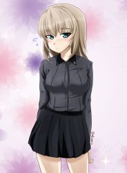Rule 34 | 1girl, abimaru gup, arms behind back, black skirt, blue eyes, blush, closed mouth, commentary request, cowboy shot, dress shirt, floral background, girls und panzer, grey shirt, highres, insignia, itsumi erika, kuromorimine school uniform, light frown, long sleeves, looking at viewer, medium hair, miniskirt, partial commentary, pleated skirt, school uniform, shirt, silver hair, skirt, solo, standing, twitter username, wing collar