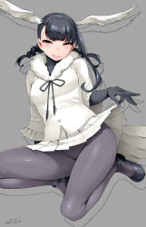 Rule 34 | 10s, 1girl, black-headed ibis (kemono friends), black hair, blush, bodysuit, breasts, clothes lift, happa (cloverppd), head wings, kemono friends, lifted by self, long hair, looking at viewer, mary janes, medium breasts, pantyhose, pleated skirt, purple eyes, shoes, skirt, skirt lift, smile, solo, wings