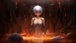 Rule 34 | 6+girls, arms at sides, ayanami rei, blue hair, bodysuit, breasts, cable, corpse, highres, indoors, looking at viewer, medium breasts, multiple girls, neon genesis evangelion, plugsuit, qosic, red eyes, short hair, signature, smile, solo focus, wading, water, white bodysuit
