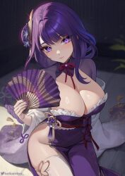 Rule 34 | 1girl, breasts, cleavage, commentary, dress, folding fan, genshin impact, groin, hand fan, head tilt, helloimtea, highres, holding, holding fan, large breasts, long hair, looking at viewer, nail polish, obi, purple dress, purple eyes, purple hair, purple nails, raiden shogun, red sash, sash, sitting, smile, solo, thighhighs, thighs, white thighhighs