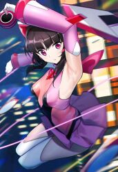 Rule 34 | 1girl, absurdres, arm up, armpits, black hair, blurry, blurry background, breasts, building, commentary request, gloves, headgear, highres, leotard, long hair, looking at viewer, midair, motion blur, outstretched arm, parted lips, pink eyes, pink leotard, pink skirt, pleated skirt, senki zesshou symphogear, skin tight, skirt, small breasts, solo, symphogear pendant, teeth, thighhighs, tsukuyomi shirabe, usagits 00, white gloves, white thighhighs, yo-yo