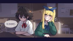 Rule 34 | 2girls, absurdres, ahoge, blind girl (popopoka), blonde girl (popopoka), blonde hair, blue bow, blue bowtie, blue hairband, blurry, blurry background, blush, body freckles, bow, bowtie, brown hair, chair, classroom, collared shirt, commentary, english commentary, english text, freckles, frown, green sweater, grin, hair between eyes, hairband, hand on own cheek, hand on own face, highres, indoors, long hair, long sleeves, multiple girls, musical note, original, popopoka, red bow, red bowtie, sad, shirt, short sleeves, smile, speech bubble, sweater, table, teeth, white shirt