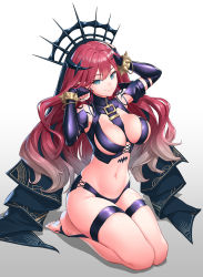 Rule 34 | 1girl, arm up, armpits, bare shoulders, between breasts, bikini, bikini bottom only, black bikini, black shirt, blue eyes, breasts, crop top, detached sleeves, baobhan sith (fate), baobhan sith (second ascension) (fate), fate/grand order, fate (series), gradient background, gradient hair, headgear, highres, long hair, long sleeves, looking at viewer, medium breasts, multicolored hair, navel, pandinus, pointy ears, red hair, revealing clothes, seiza, shirt, simple background, sitting, smile, solo, stomach, swimsuit, thigh strap, thighs, turtleneck, wavy hair, white background