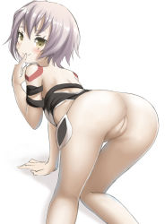 Rule 34 | 1girl, ass, cleft of venus, closed mouth, dkoro, scar on face, fate/apocrypha, fate (series), female focus, finger to mouth, jack the ripper (fate/apocrypha), looking at viewer, looking back, pussy, scar, scar across eye, scar on cheek, scar on face, shoulder tattoo, silver hair, smile, solo, tattoo, uncensored