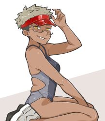 Rule 34 | 1girl, commentary request, competition swimsuit, dark-skinned female, dark skin, freckles, glasses, grey hair, grin, highleg, highleg swimsuit, highres, kurozu (crozu), one-piece swimsuit, original, seiza, shoes, short hair, sitting, smile, sneakers, solo, swimsuit, two-tone swimsuit, very short hair, visor cap, yellow eyes