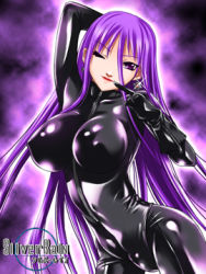 Rule 34 | 1girl, bdsm, black bodysuit, bodysuit, breasts, catsuit, covered erect nipples, dominatrix, finger to mouth, gloves, impossible clothes, impossible shirt, large breasts, latex, latex gloves, latex suit, long hair, lowres, one eye closed, purple eyes, purple hair, shiny clothes, shirt, silver rain, skin tight, solo, very long hair, wink