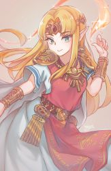 Rule 34 | 1girl, armor, bead necklace, beads, belt, blonde hair, blue eyes, bracelet, cape, circlet, dress, earrings, fire, gold, gold armor, grey background, haiyun, highres, jewelry, long hair, looking at viewer, necklace, nintendo, parted bangs, pointy ears, princess zelda, short sleeves, shoulder armor, simple background, smile, solo, standing, super smash bros., tabard, the legend of zelda, triforce, very long hair, white cape, white dress