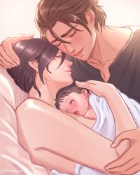 Rule 34 | 1boy, 1girl, 1other, absurdres, baby, bare arms, black hair, black shirt, brown hair, closed eyes, eren yeager, facial scar, family, hair pulled back, hand on another&#039;s head, highres, holding baby, medium hair, mikasa ackerman, mother and child, open mouth, rivarizu, scar, scar on cheek, scar on face, shingeki no kyojin, shirt, short hair, smile, under covers
