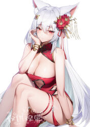 Rule 34 | 1girl, animal ears, bare shoulders, blush, bracelet, breasts, china dress, chinese clothes, chinese commentary, chinese text, cleavage, dress, hair ornament, henz, highres, jewelry, large breasts, long hair, mole, mole on breast, original, red eyes, simple background, sitting, solo, white background, white hair