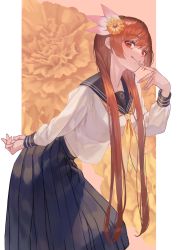 Rule 34 | 1girl, black skirt, blush, breasts, brown eyes, brown hair, closed mouth, commentary request, finger to mouth, floral background, flower, hair flower, hair ornament, hand to own mouth, highres, leaning forward, long hair, long neck, long skirt, long sleeves, looking at viewer, makitoshi0316, medium breasts, midriff peek, neckerchief, nisekoi, orange neckerchief, pleated skirt, sailor collar, school uniform, serafuku, shirt, skirt, smile, solo, tachibana marika, white shirt