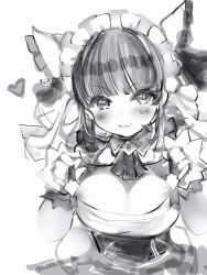 Rule 34 | 1girl, :3, animal ears, areola slip, azur lane, bad id, bad pixiv id, blush, cat ears, cheshire (azur lane), closed mouth, fangs, greyscale, hands up, high-waist skirt, highres, looking at viewer, maid headdress, monochrome, nanashi (nlo), simple background, skin fangs, skirt, smile, solo, white background, wrist cuffs