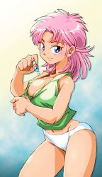 Rule 34 | 1girl, ass, blue eyes, breasts, cleavage, commentary request, dragon quest, dragon quest dai no daibouken, jewelry, looking at viewer, maam, medium breasts, navel, necklace, no bra, onnaski, panties, parted lips, pink hair, short hair, smile, solo, tank top, underwear