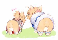 Rule 34 | 2girls, animalization, armor, artoria pendragon (all), artoria pendragon (fate), blonde hair, braid, dog, fate/apocrypha, fate/stay night, fate (series), french braid, from behind, fur trim, green eyes, half updo, looking at another, mordred (fate), mordred (fate/apocrypha), multiple girls, open mouth, ponytail, saber (fate), simple background, teeth, welsh corgi, white background, yorukun