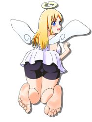 Rule 34 | 1other, angel, ass, barefoot, bike shorts, blonde hair, blue eyes, blush, crimvael, dress, feet, from behind, halo, ishuzoku reviewers, long hair, nush advance, shorts, soles, solo, toes, white background, white dress, wings