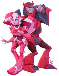 Rule 34 | 1boy, 1girl, absurdres, alien, arcee, autobot, blue eyes, breasts, cliffjumper, colored skin, highres, humanoid robot, medium breasts, panties, pink lips, pink panties, robot, size difference, tall male, transformers, transformers animated, underwear, vanabananasplit