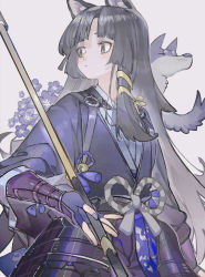 Rule 34 | 1girl, animal, animal ears, arknights, arm guards, armor, black hair, black kimono, blush, brown eyes, closed mouth, cowboy shot, dog, dog ears, dog girl, faulds, fingerless gloves, gloves, grey ribbon, hair ribbon, highres, holding, holding weapon, japanese clothes, kimono, long hair, long sleeves, looking away, looking to the side, noco (pixiv14976070), parted bangs, purple gloves, ribbon, saga (arknights), solo, straight hair, tassel, very long hair, weapon, wide sleeves, yellow ribbon