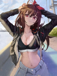 Rule 34 | 1girl, :3, absurdres, ahoge, arms up, blush, breasts, brown hair, cleavage, cloud, cloudy sky, commentary, contrapposto, cowboy shot, dappled sunlight, day, denim, english commentary, grass, hair between eyes, highres, jacket, jeans, lamppost, large breasts, long hair, looking at viewer, messy hair, midriff, namelessrvon, navel, open clothes, open jacket, original, outdoors, pants, red eyes, sky, solo, sports bra, sunlight, water, zipper