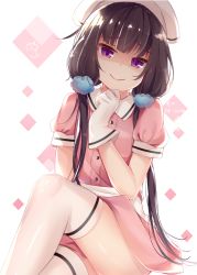 Rule 34 | 1girl, black hair, blend s, closed mouth, collared shirt, commentary request, gloves, hand up, head scarf, head tilt, highres, long hair, looking at viewer, low twintails, nahaki, pink shirt, pink skirt, puffy short sleeves, puffy sleeves, purple eyes, sakuranomiya maika, shaded face, shirt, short sleeves, sitting, skirt, smile, solo, stile uniform, thighhighs, twintails, uniform, very long hair, waitress, white gloves, white thighhighs
