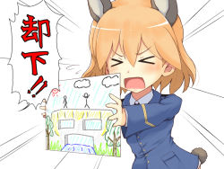 Rule 34 | &gt; &lt;, 1girl, amelie planchard, animal ears, blonde hair, closed eyes, drawing, emphasis lines, flying sweatdrops, green eyes, holding, isosceles triangle (xyzxyzxyz), long sleeves, military, military uniform, necktie, open mouth, orange hair, rabbit ears, rabbit girl, rabbit tail, short hair, shouting, simple background, solo, stick figure, strike witches, strike witches: katayoku no majo-tachi, tail, translated, uniform, upper body, white background, world witches series