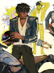 Rule 34 | 1boy, absurdres, alternate costume, bandaid, bandaid on face, bandaid on nose, black hair, black jacket, black pants, cigarette, cigarette pack, collage, cowboy shot, full body, helmet, highres, holding, holding cigarette pack, jacket, k chuuu, lighter, long sleeves, male focus, motor vehicle, motorcycle, motorcycle helmet, nicholas d. wolfwood, on motorcycle, open clothes, open jacket, pants, shirt, short hair, simple background, solo, trigun, white background, white shirt, wristband