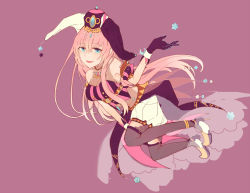 Rule 34 | 1girl, bare shoulders, black gloves, blouse, blue eyes, crop top, floating, gloves, hand up, hat, high heels, highres, jester cap, long hair, looking at viewer, megurine luka, mochityoko, navel, number tattoo, open mouth, pink hair, puffy short sleeves, puffy shorts, puffy sleeves, purple background, shirt, short sleeves, shorts, shoulder tattoo, simple background, smile, solo, star (symbol), striped clothes, striped shirt, tattoo, thighhighs, very long hair, vocaloid