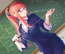 Rule 34 | 1girl, aged up, black-framed eyewear, blue eyes, blue jacket, blue skirt, breasts, butterfly hair ornament, chalkboard, classroom, cleavage, collared shirt, commentary request, da-cart, dress shirt, dutch angle, glasses, go-toubun no hanayome, hair ornament, high ponytail, highres, indoors, jacket, large breasts, long hair, miniskirt, nail polish, nakano nino, pantyhose, pencil skirt, pink hair, pink nails, pointer, shirt, sidelocks, skirt, sleeves rolled up, solo, teacher, white shirt