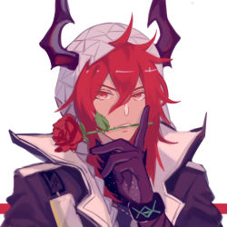 Rule 34 | 1boy, arknights, black gloves, black jacket, chinese commentary, commentary request, flower, gloves, hair between eyes, hand up, highres, hood, horns, index finger raised, infection monitor (arknights), jacket, long hair, male focus, mouth hold, red eyes, red flower, red hair, red rose, rose, sesa (arknights), simple background, solo, teeth hold, towne, upper body, white background