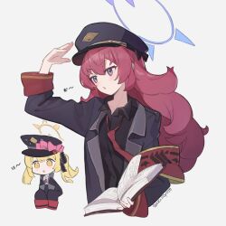 Rule 34 | 2girls, :o, arm up, armband, black coat, black eyes, black headwear, black shirt, blonde hair, blue archive, blush, book, chibi, coat, collared shirt, halo, hat, highres, holding, holding book, ibuki (blue archive), iroha (blue archive), long hair, long sleeves, multiple girls, necktie, nkst, open book, open clothes, open coat, peaked cap, red hair, red necktie, shading eyes, shirt, twintails, twitter username, upper body, white background