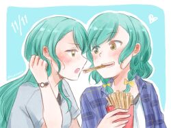 Rule 34 | 2girls, aqua hair, bang dream!, blue background, blue shirt, blush, braid, commentary request, food, french fries, green eyes, grey shirt, heart, highres, hikawa hina, hikawa sayo, holding, holding food, imminent kiss, incest, long hair, looking at another, medium hair, multiple girls, open mouth, plaid, plaid shirt, pocky, pocky day, pocky kiss, shared food, shirt, siblings, signature, sisters, twin braids, twincest, twins, watch, white shirt, xin (blueramen), yuri